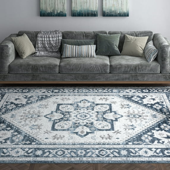Traditional 9x12 Area Rug (8'10'' x 12'2'') Medallion Blue, White Living Room Easy to Clean
