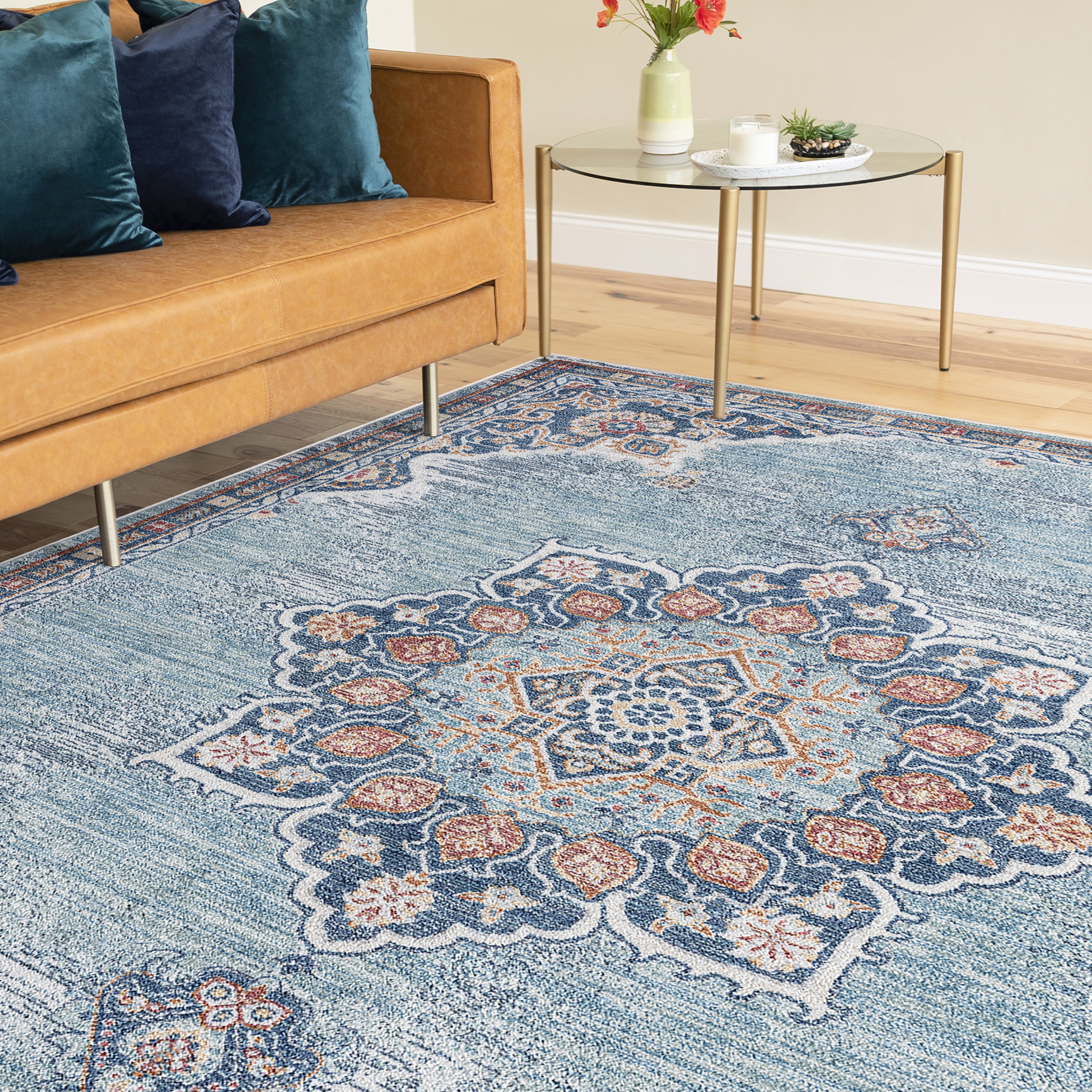 Traditional 9x12 Area Rug (8'10'' x 12'2'') Medallion Navy, Aqua Living Room Easy to Clean