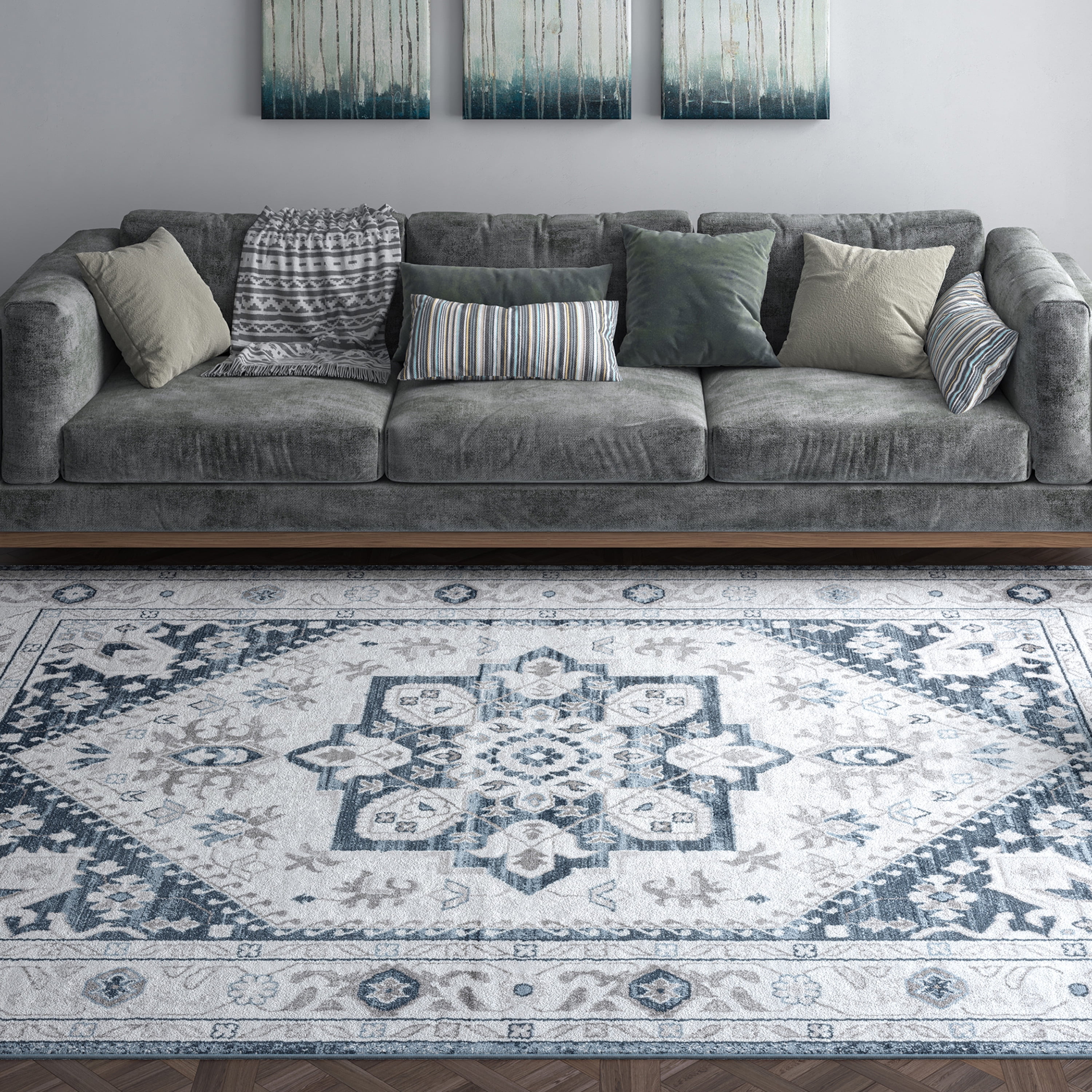 Traditional 9x12 Area Rug (8'10'' x 12'2'') Medallion White, Blue Living Room Easy to Clean