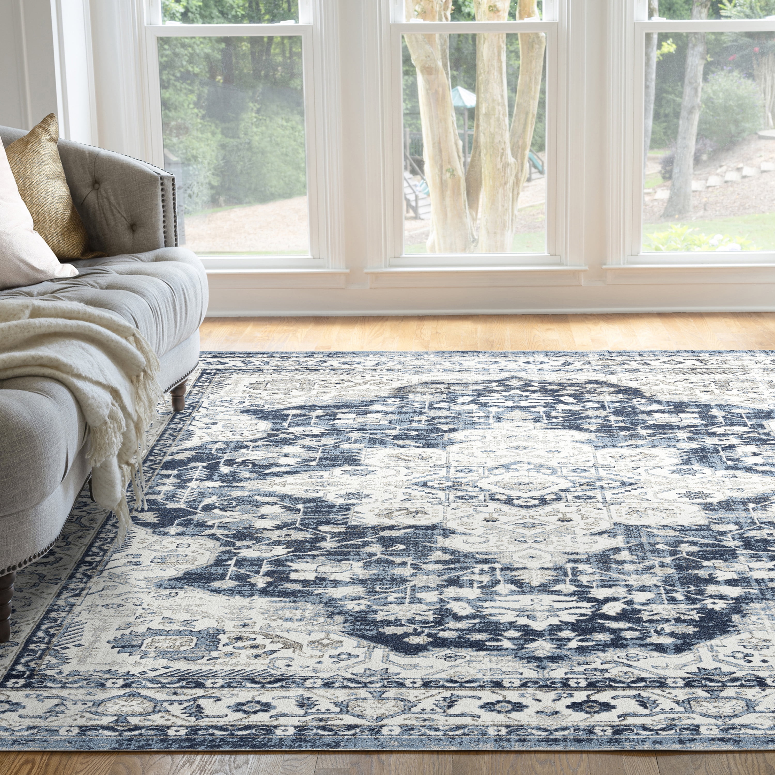 Traditional 9x12 Area Rug (8'9'' x 11'3'') Oriental Navy, Navy Living Room Easy to Clean