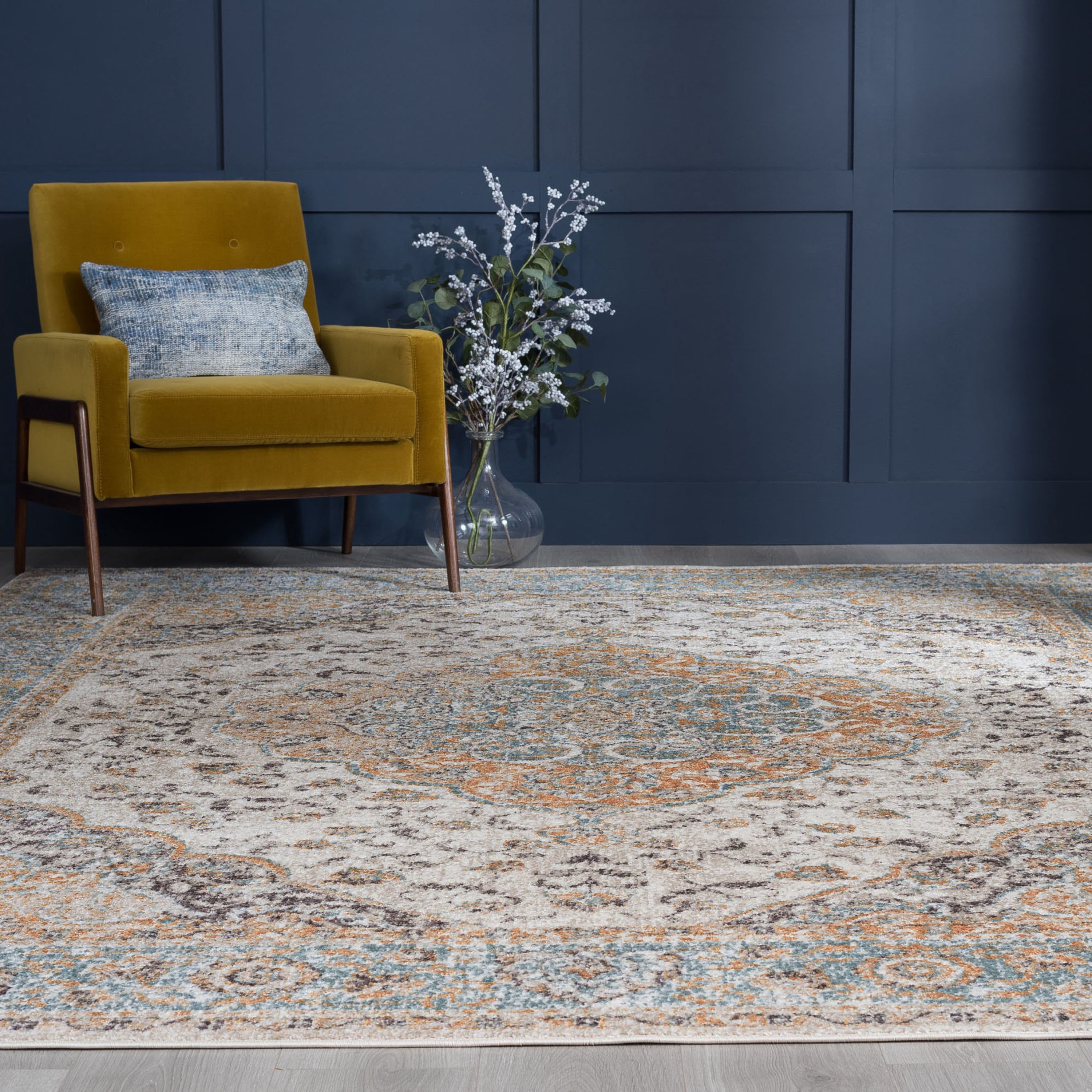 Traditional 9x12 Area Rug (8'9'' x 12'2'') Medallion Terra, Aqua Living Room Easy to Clean