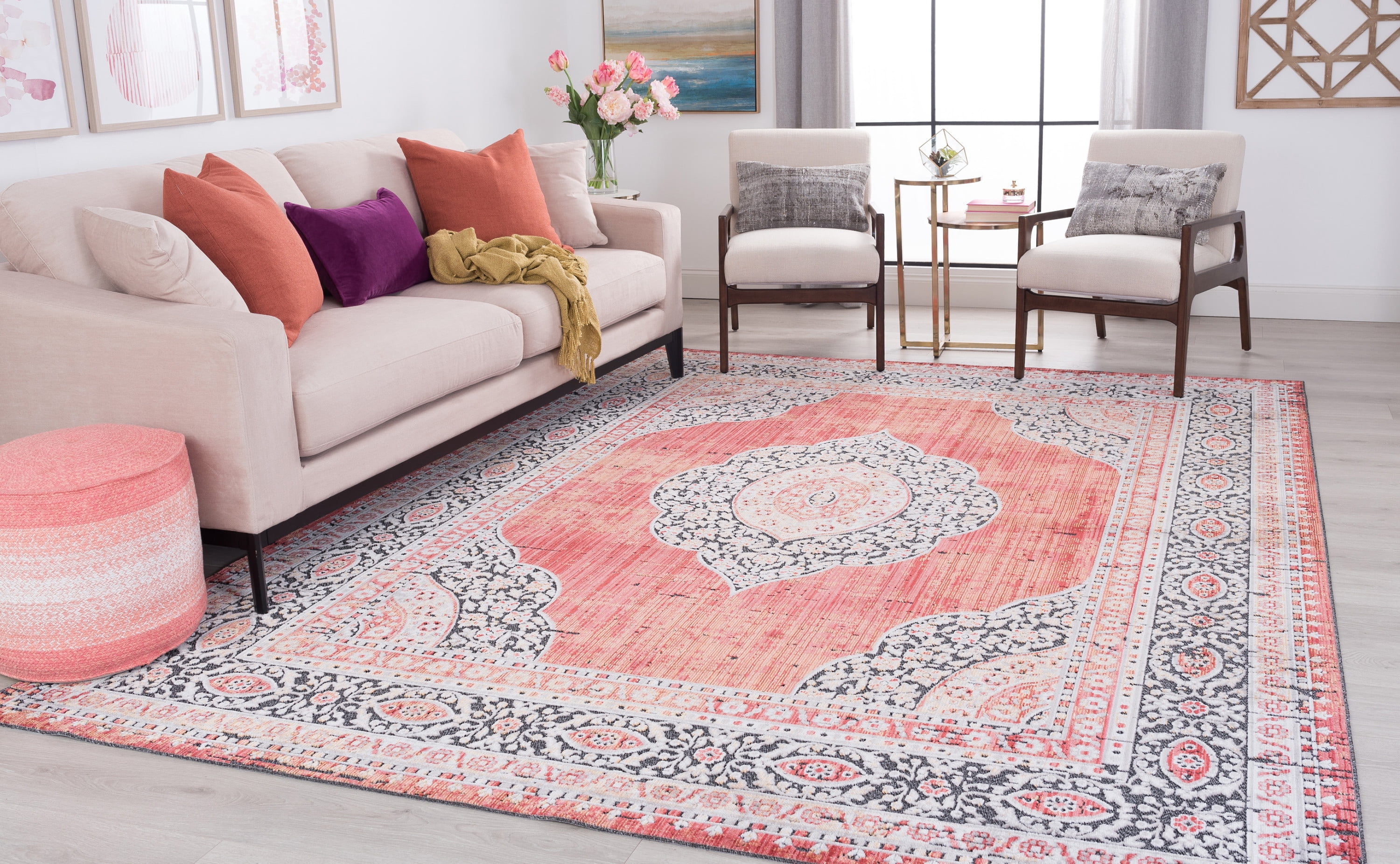 Traditional 9x12 Area Rug (8'9'' x 12'3'') Medallion Red, Coral Living Room Easy to Clean