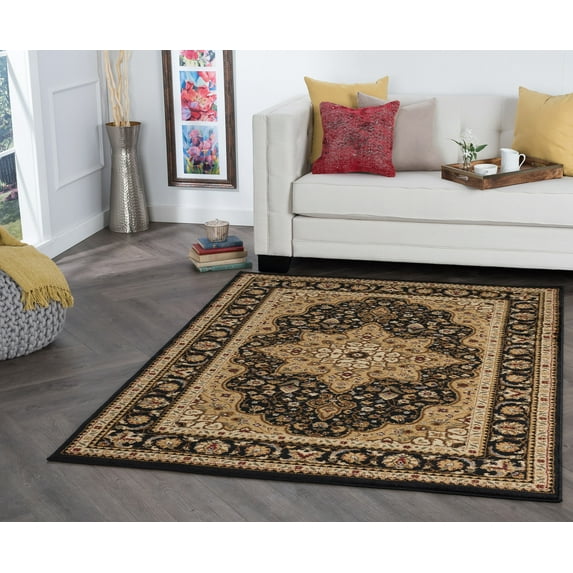 Traditional 9x13 Area Rug (8'9'' x 12'3'') Oriental Black, Gold Living Room Easy to Clean