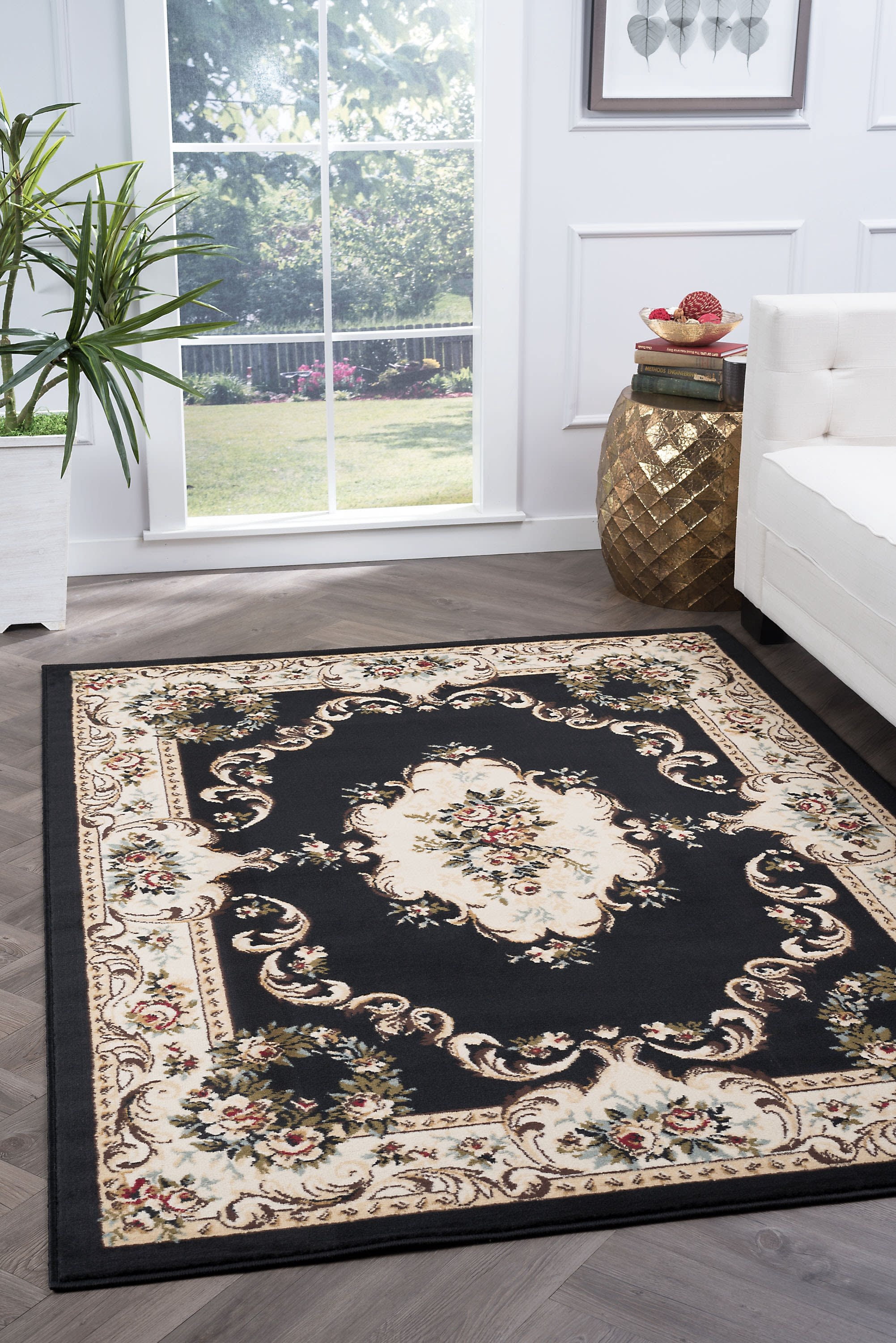 Traditional 9x13 Area Rug (9'3'' x 12'6'') Floral Black, Beige Living Room Easy to Clean