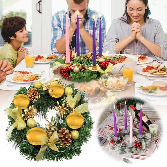 Traditional Advent Wreath Candle Holder with Ribbons Pine Cones, Christmas Candle Ring Centerpiece for Advent Calendar Season, Xmas Holiday Home Decor for Table Fireplace Mantel Decorations