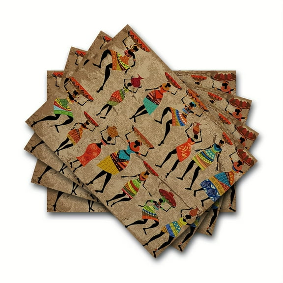 Traditional African PlaceMats Set of 4, 12x18 Inch Vintage Colorful Ethnic Tribal Dancing Women Rustic Washable Heat Resistant Table Mats for Home Kitchen Dining Party Decor