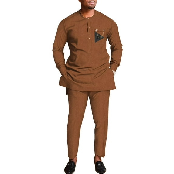 Traditional African Suit for Men Dashiki Long Sleeve Tops and Pants 2pcs Set Party Wedding Evening Men Suit