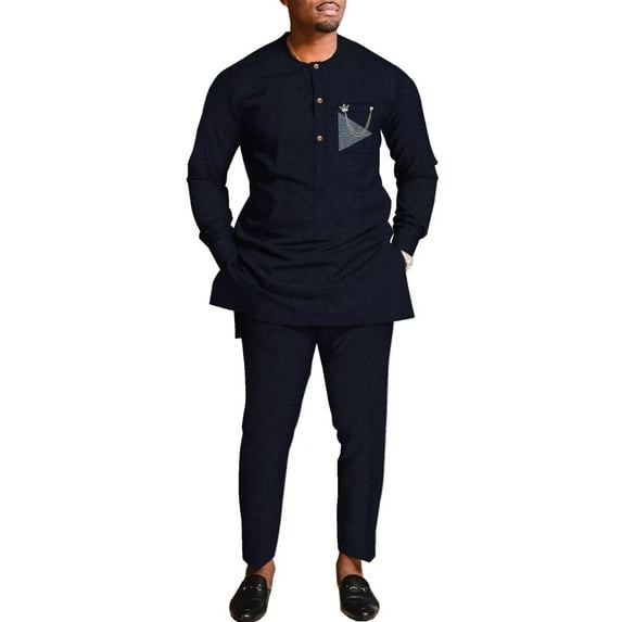 Traditional African Suit for Men Dashiki Long Sleeve Tops and Pants 2pcs Set Party Wedding Evening Men Suit