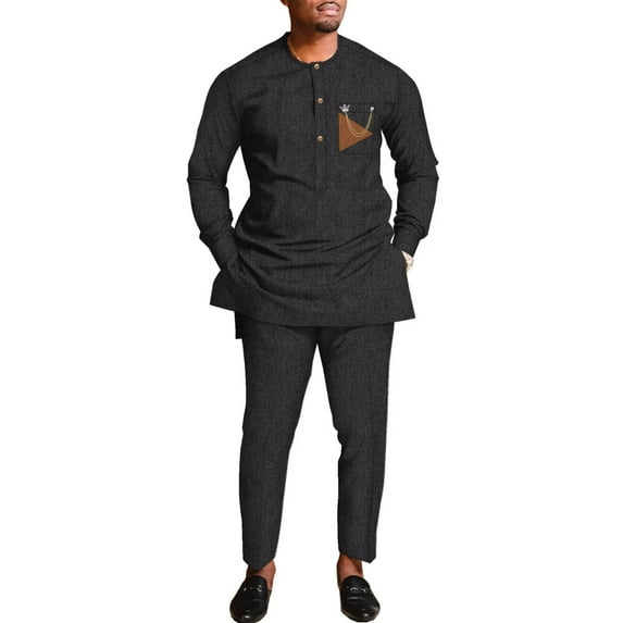 Traditional African Suit for Men Dashiki Long Sleeve Tops and Pants 2pcs Set Party Wedding Evening Men Suit