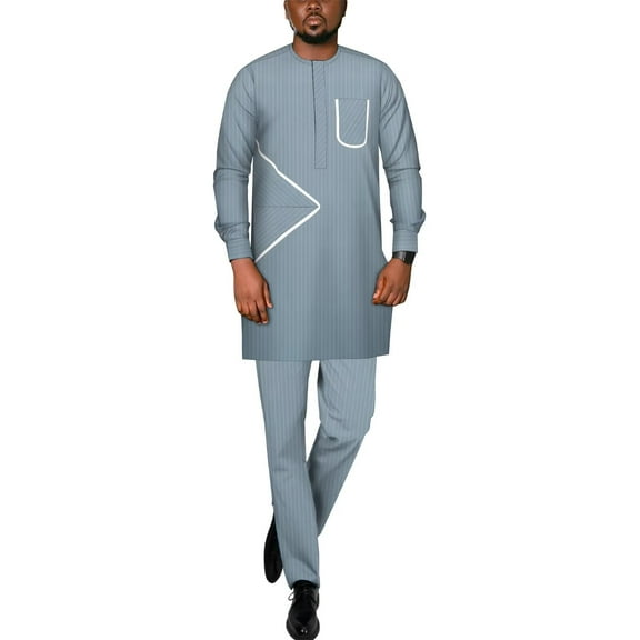 Traditional African Suit for Men Dashiki Stripe Tops and Pants 2pcs Set Party Wedding Evening Men Suit