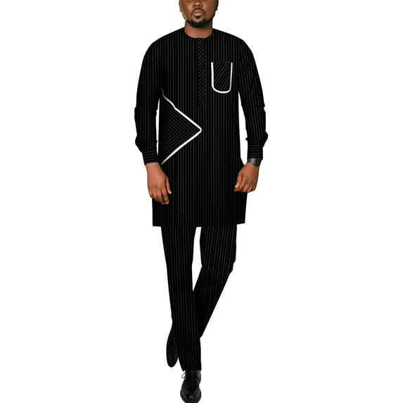 Traditional African Suit for Men Dashiki Stripe Tops and Pants 2pcs Set Party Wedding Evening Men Suit