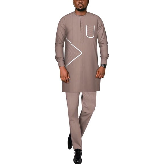 Traditional African Suit for Men Dashiki Stripe Tops and Pants 2pcs Set Party Wedding Evening Men Suit