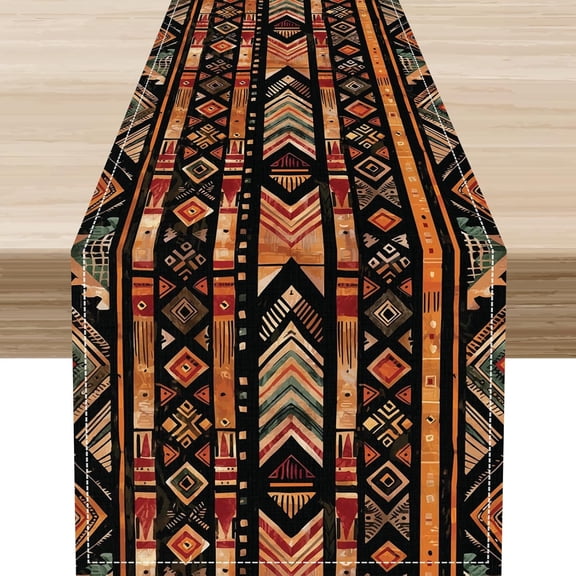 Traditional African Table Runner, African Totems Native Abstract Geometric Rustic Tribal Mud Pattern Ethnic Style Table Setting Decor for Kitchen Dining Patio Holiday Party Indoor Outdoor 13x108