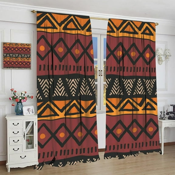 Traditional African Tribal Curtains, African Mud Cloth Inspired Tribal Boho Pattern Geometric Elements Window Treatments, Decorative Curtains for Bedroom Living Room 42"W x 45"L (Pack of 2)