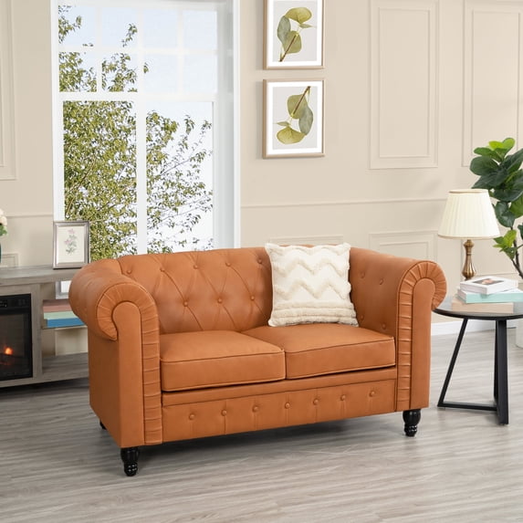 Traditional Air Leather Tufted Chesterfield Loveseat, Rolled Arm Loveseat, Faux Leather Upholstered Living Room Loveseat Sofa, Caramel