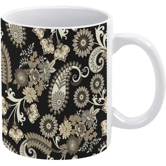 Traditional Ancient Asian Elements Paisley Vintage Floral Flowers White Ceramic Cup, 11 Oz Tea Mug, Coffee Mug, Milk Mug, Juice Ceramic Cup for Home Offices Cafe Party Mom Father Daughter Son