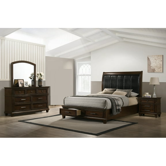 Traditional Antique Brown Upholstery PU HB Queen Size 4pc Storage Bed Set