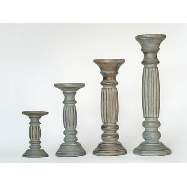 Traditional Antique Dusk Eco-friendly Handmade Mango Wood Set Of Four 6",9",12" & 15" Pillar Candle Holder for use, Living Room, Dinning Room, Study Room, Spa, Restaurants, Place Of Worship, etc