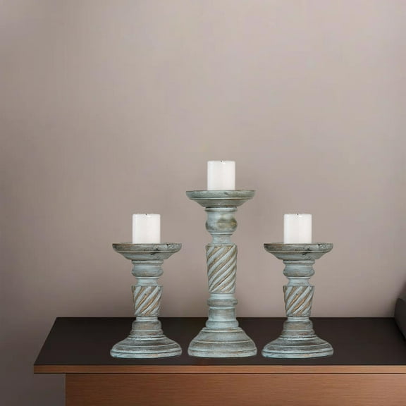 Traditional Antique Dusk Handmade Mango Wood Set Of Three 6",9" & 6" Pillar Candle Holder for use, Living Room, Dinning Room, Study Room, Spa, Restaurants, Place Of Worship, etc