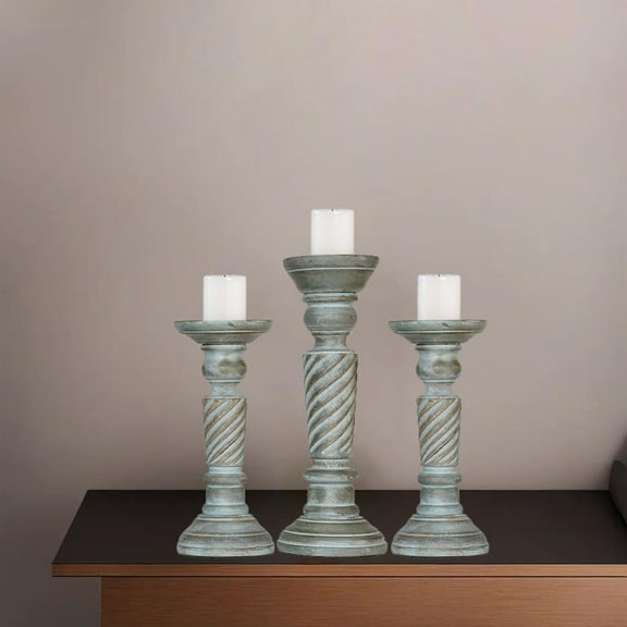 Traditional Antique Dusk Handmade Mango Wood Set Of Three 9",12" & 9" Pillar Candle Holder for use, Living Room, Dinning Room, Study Room, Spa, Restaurants, Place Of Worship, etc