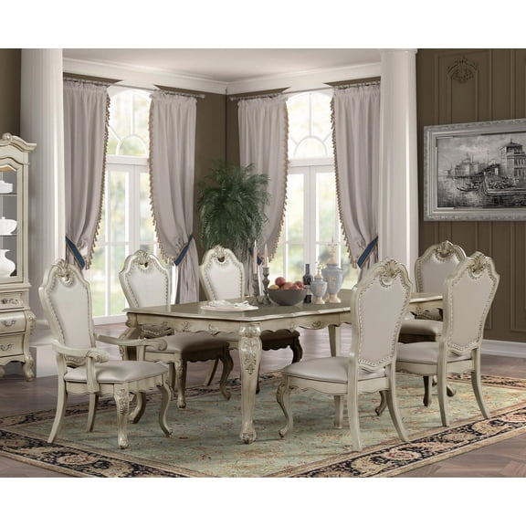 Traditional Antique White 7pc Dining Set Table w Extension Leaf Upholstered Chairs Formal Luxury