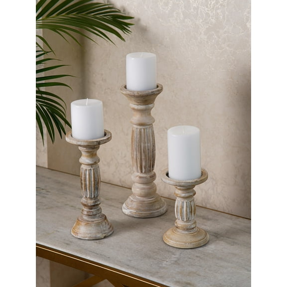 Traditional Antique White Eco-friendly Handmade Mango Wood Set Of Three 6",9" & 12" Pillar Candle Holder for use, Living Room, Dinning Room, Study Room, Spa, Restaurants, Place Of Worship, etc