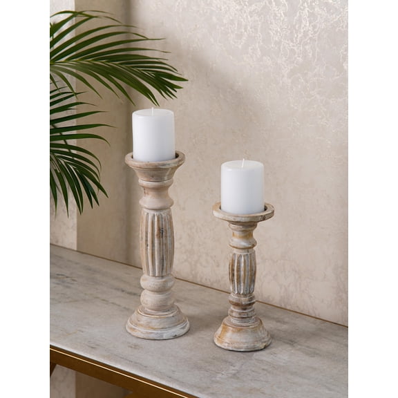 Traditional Antique White Eco-friendly Handmade Mango Wood Set Of Two 6" & 9" Pillar Candle Holder for use, Living Room, Dinning Room, Study Room, Spa, Restaurants, Place Of Worship, etc