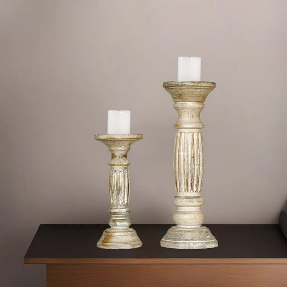 Traditional Antique White Eco-friendly Handmade Mango Wood Set Of Two 9" & 12" Pillar Candle Holder for use, Living Room, Dinning Room, Study Room, Spa, Restaurants, Place Of Worship, etc