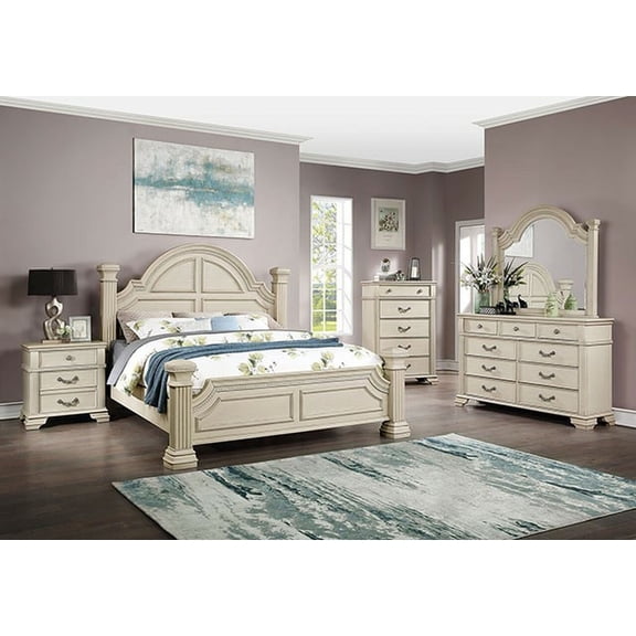 Traditional Antique White Solid wood 4pc Bedroom Set Eastern King Size Bed Dresser Mirror Nightstand Reeded Posts Unique Design
