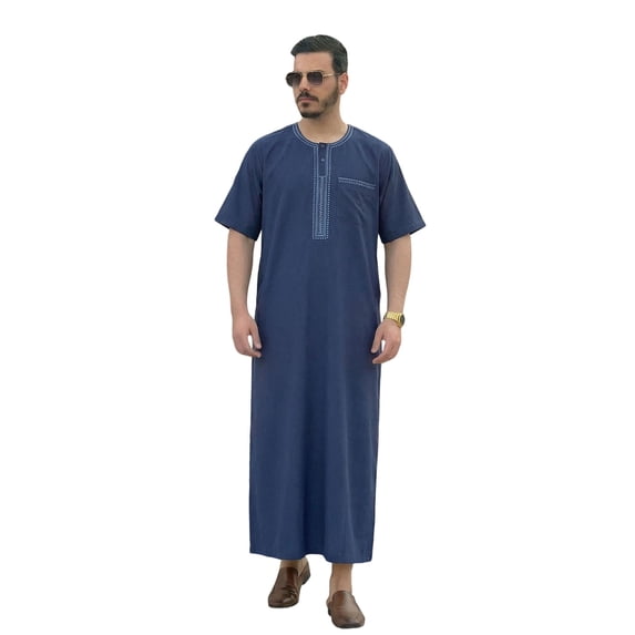 Traditional Arabic Jubba Thobe For Middle Embroidered Short Sleeve Style Kaftan Tunic Comfortable Loose Fit/Blue/S