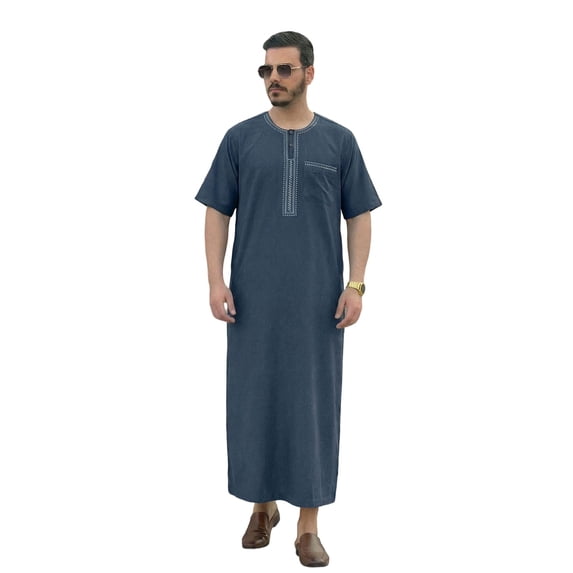 Traditional Arabic Jubba Thobe For Middle Embroidered Short Sleeve Style Kaftan Tunic Comfortable Loose Fit/Grey/XL