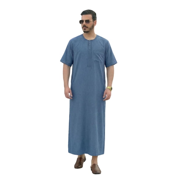 Traditional Arabic Jubba Thobe For Middle Embroidered Short Sleeve Style Kaftan Tunic Comfortable Loose Fit/Light Blue/L