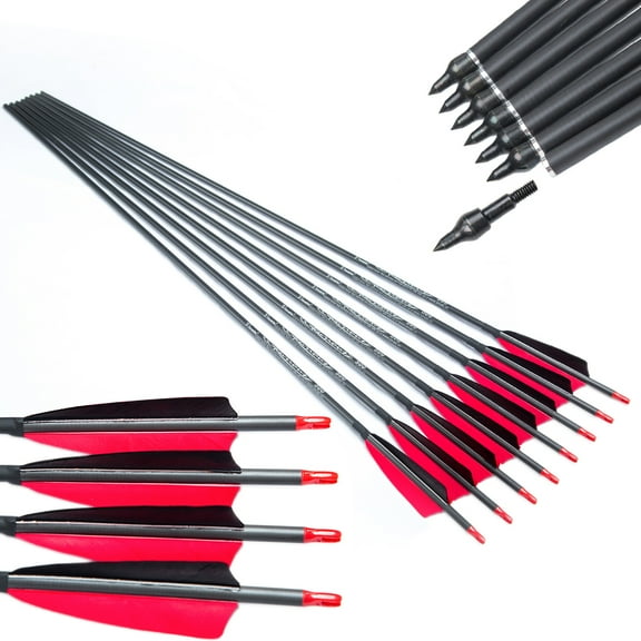 Traditional Archery 32 Inch 400 500 600 700 800 Spine Carbon Feather Arrows for Recurve Compound Bow Longbow Hunting Targets Arrow 12PCS Spine 500