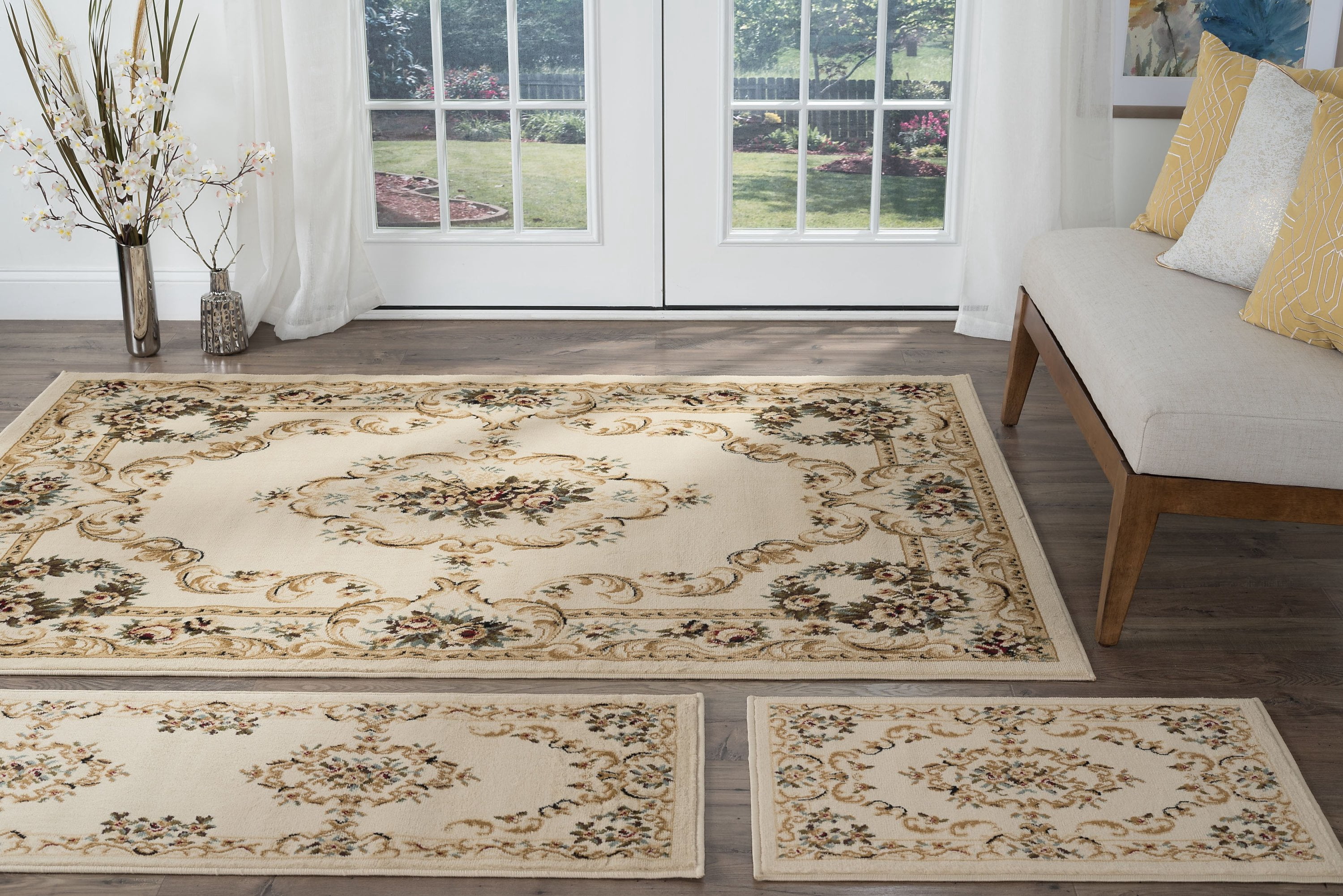 Traditional Area Rug (3-Piece Rug Set: (5' x 7', 20'' x 60'', 20'' x 32'')) Floral Beige, Red Indoor Set Easy to Clean