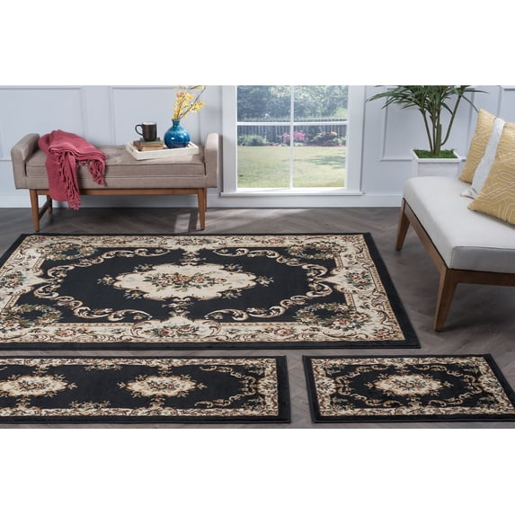 Traditional Area Rug (3-Piece Rug Set: (5' x 7', 20'' x 60'', 20'' x 32'')) Floral Black, Beige Indoor Set Easy to Clean