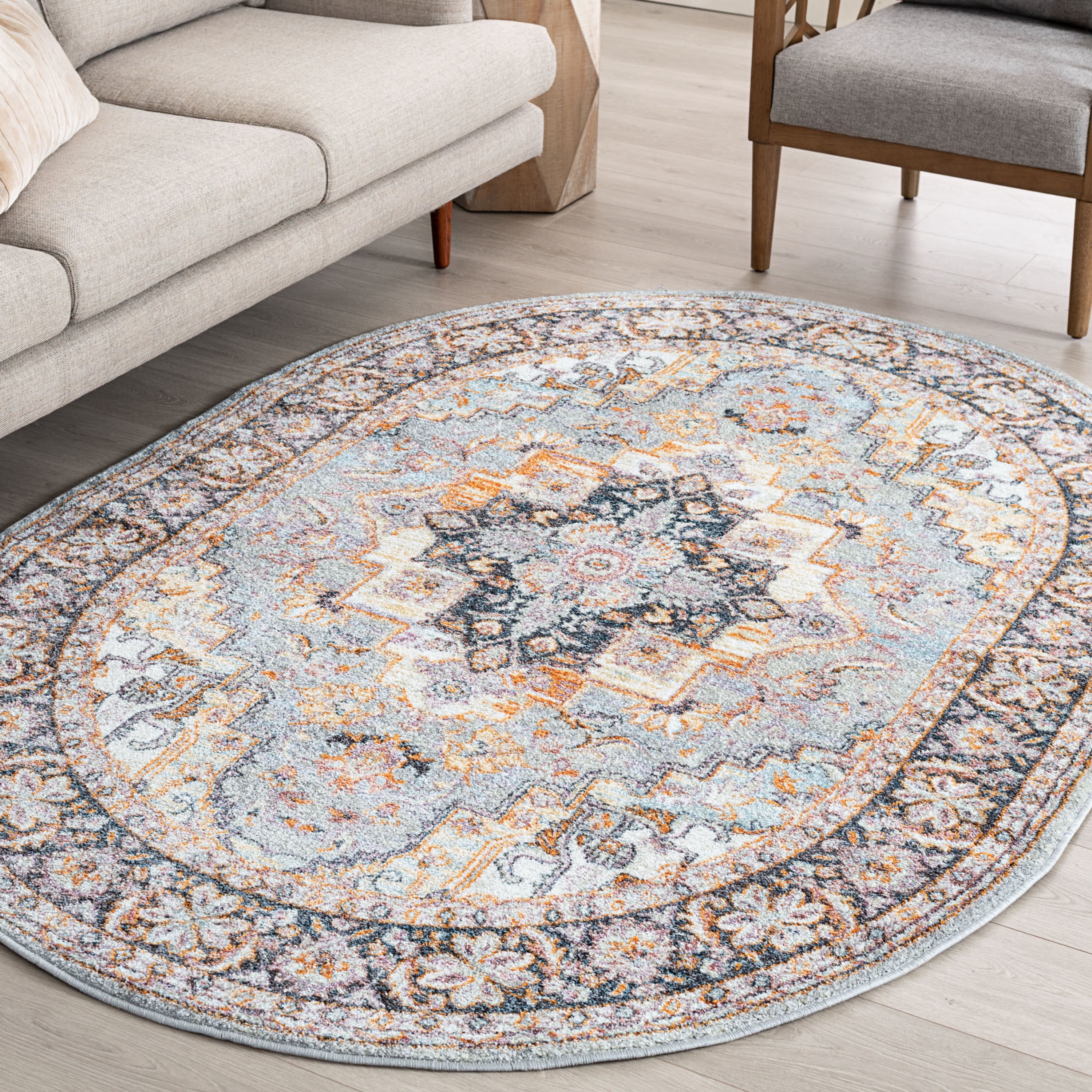 Traditional Area Rug (4' x 6' Oval) Oriental Gray, Cream Indoor Oval Easy to Clean