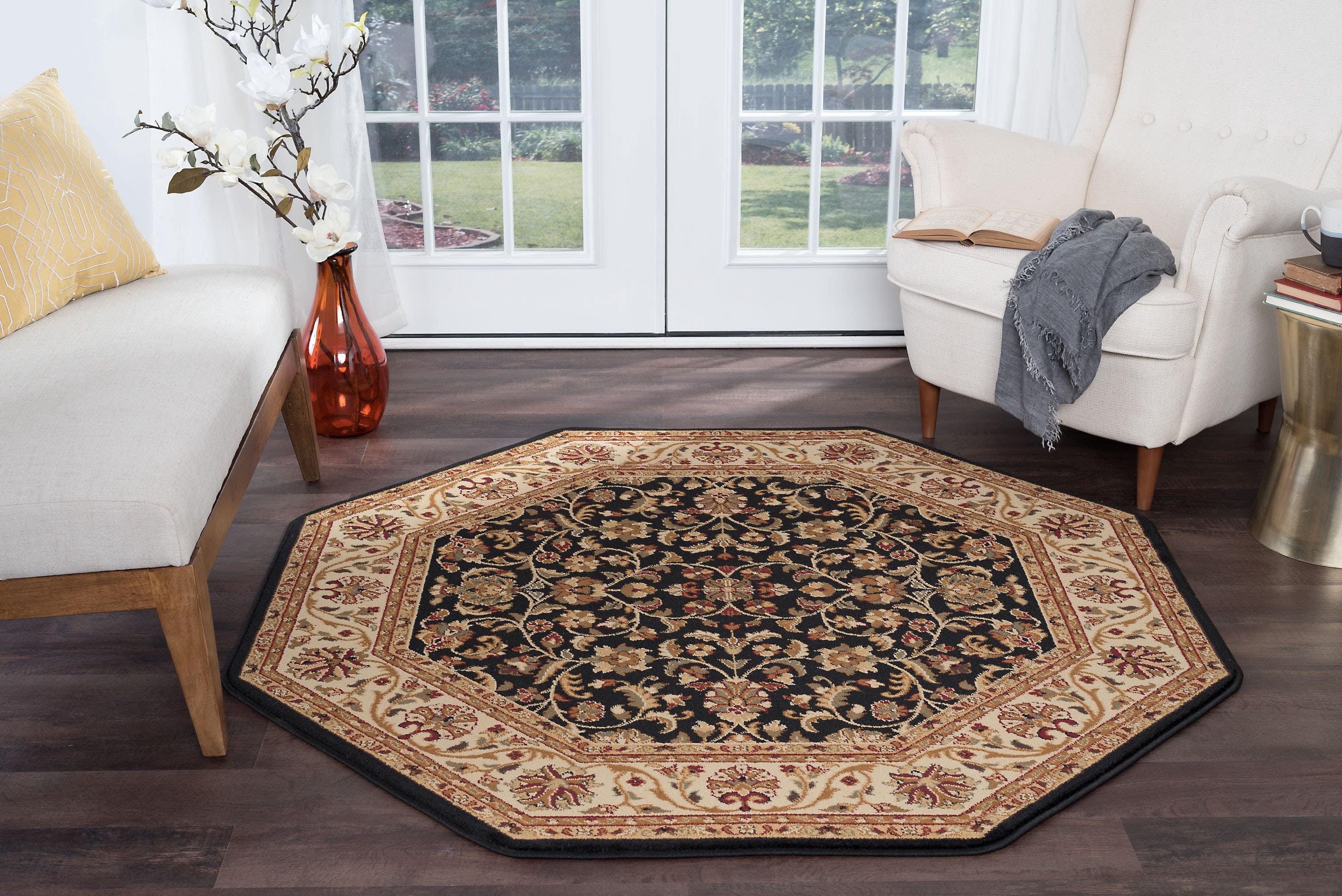 Traditional Area Rug (5'3'' Octagon) Border Black, Beige Indoor Octagon Easy to Clean