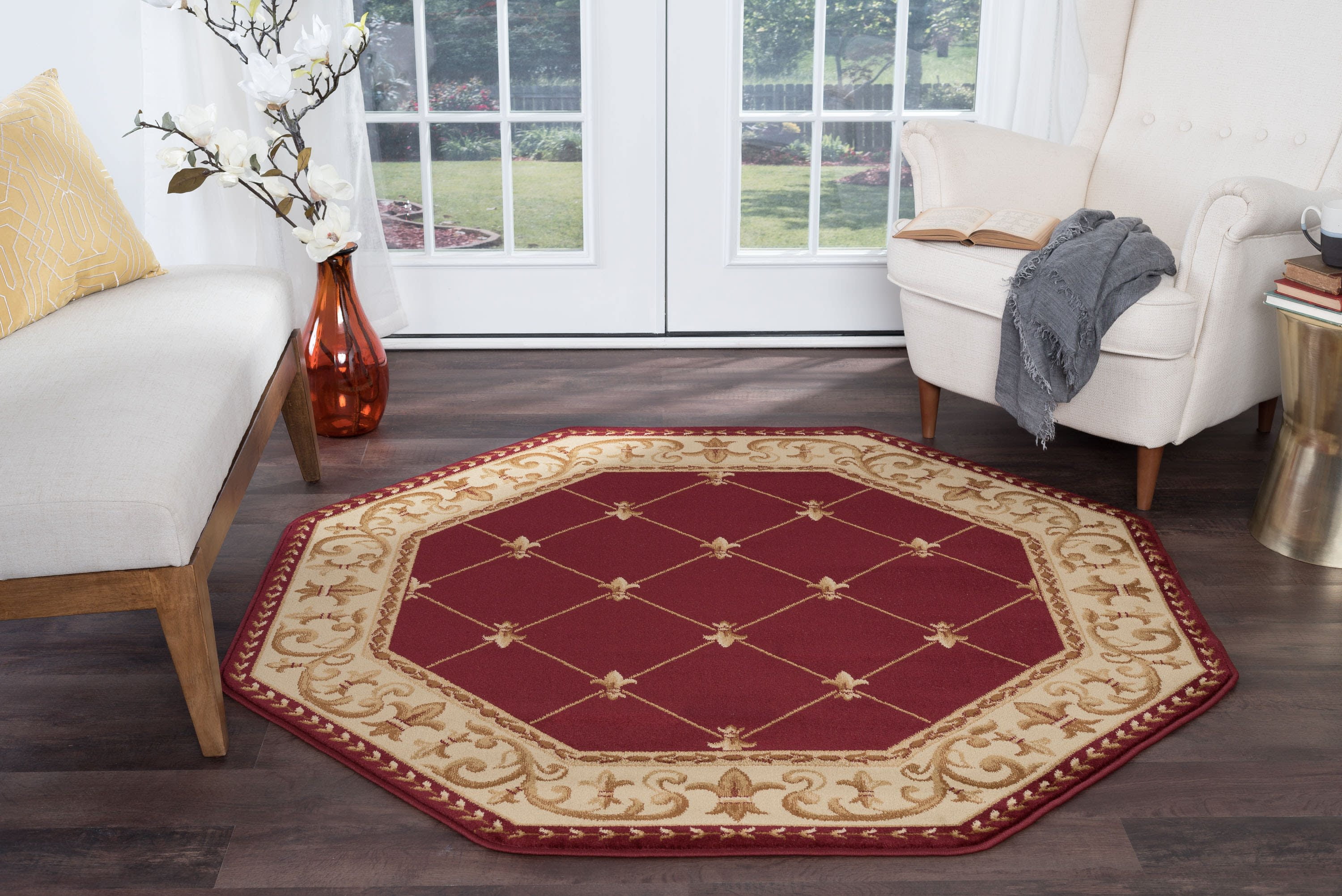 Traditional Area Rug (5'3'' Octagon) Border Red, Beige Indoor Octagon Easy to Clean
