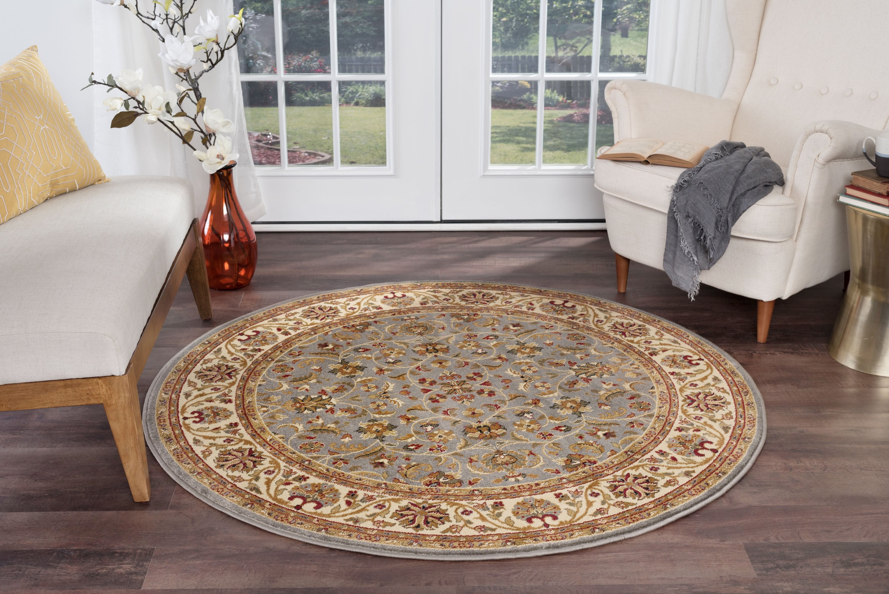 Traditional Area Rug (5'3'' Round) Border Blue, Beige Indoor Round Easy to Clean