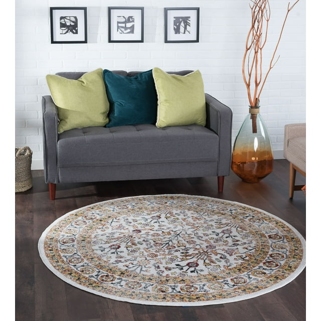 Traditional Area Rug (5'3'' Round) Oriental Beige, Cream Indoor Round Easy to Clean