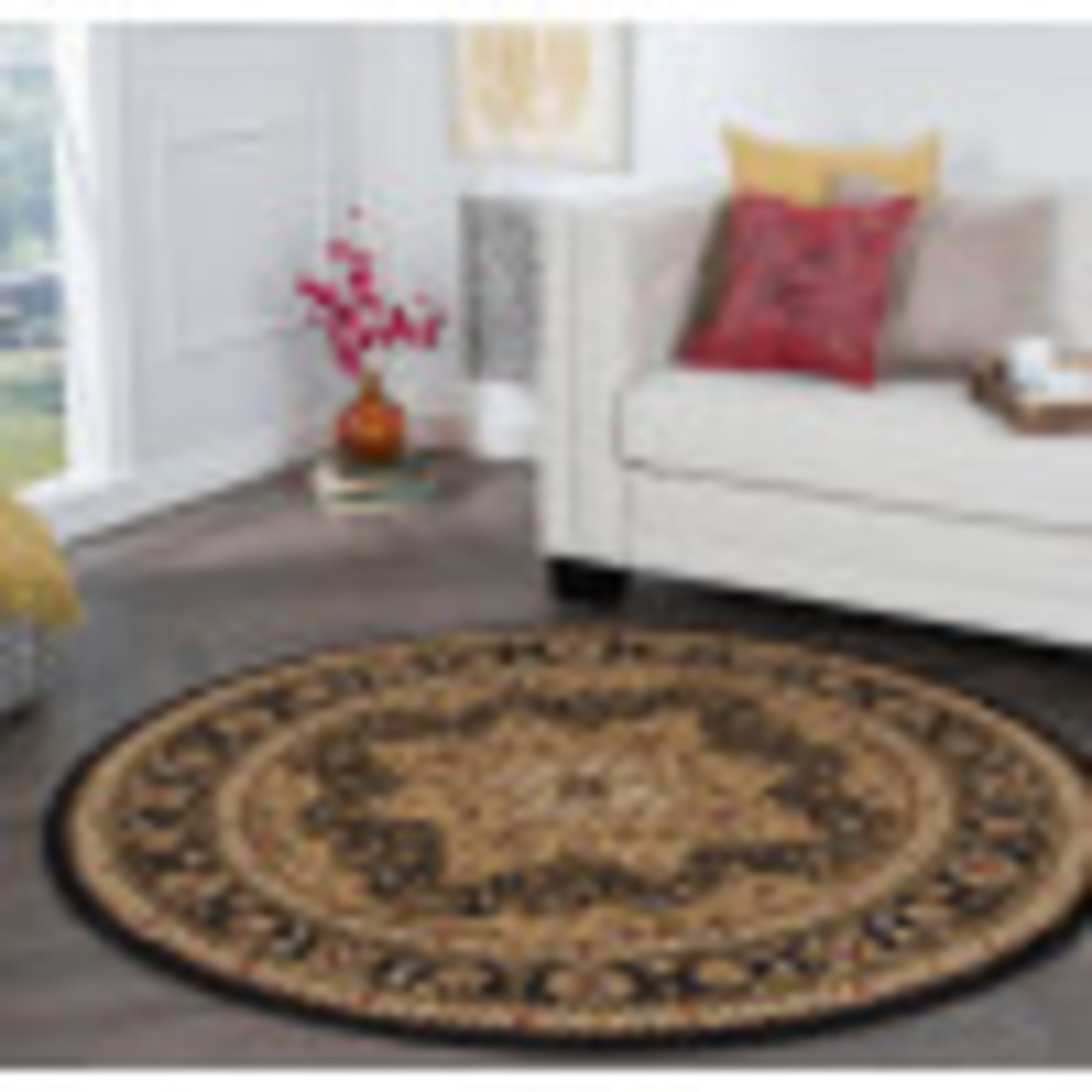 Traditional Area Rug (5'3'' Round) Oriental Black, Gold Indoor Round Easy to Clean