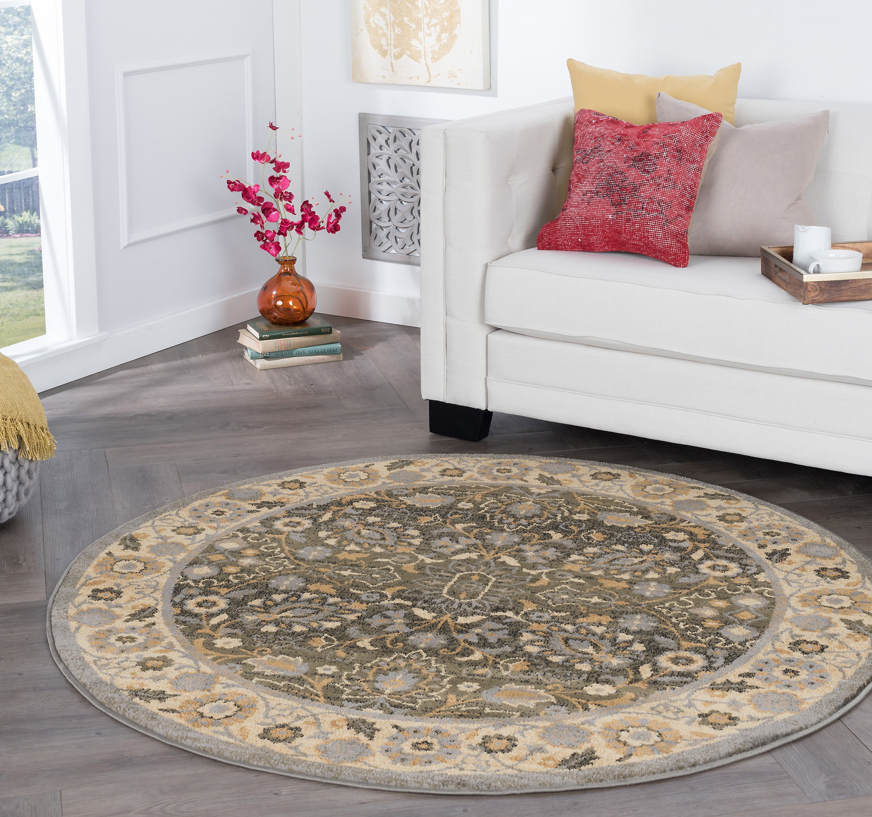 Traditional Area Rug (5'3'' Round) Oriental Blue, Gold Indoor Round Easy to Clean