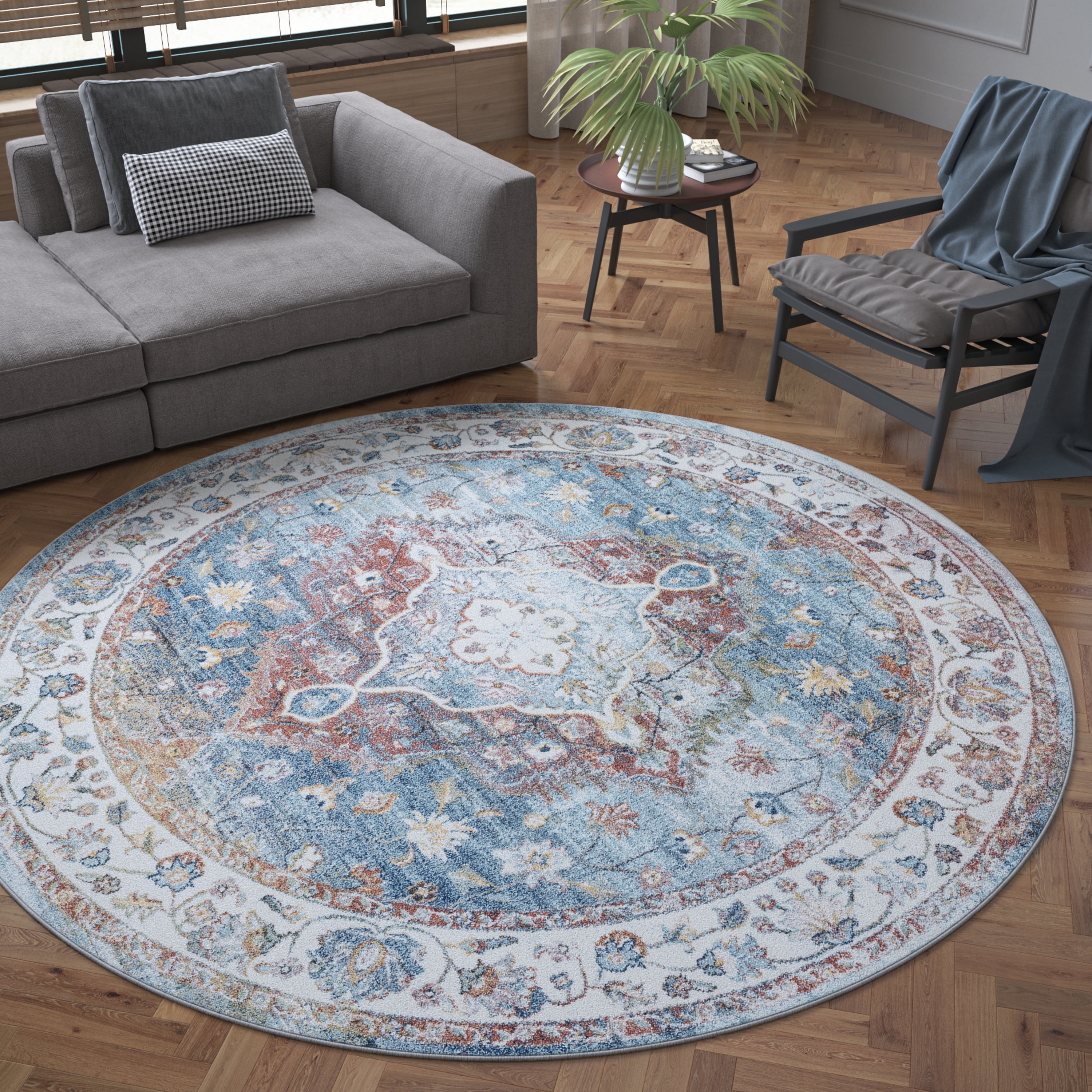 Traditional Area Rug (5'3'' Round) Oriental Cream, Gray Indoor Round Easy to Clean