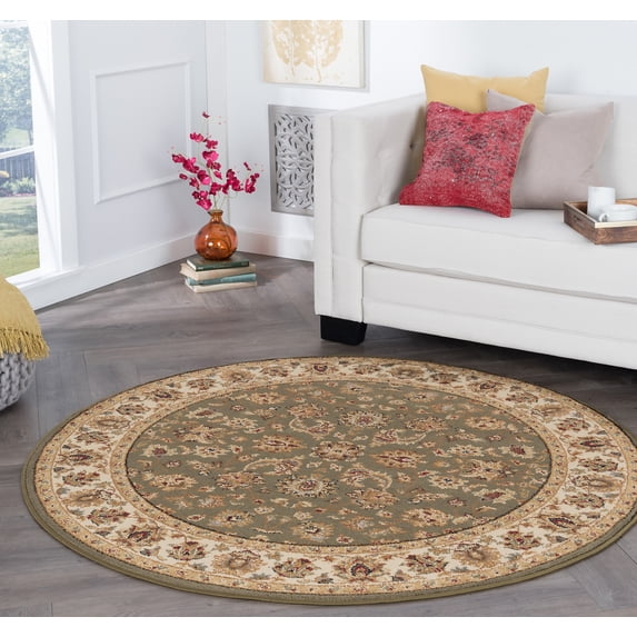 Traditional Area Rug (5'3'' Round) Oriental Green, Beige Indoor Round Easy to Clean