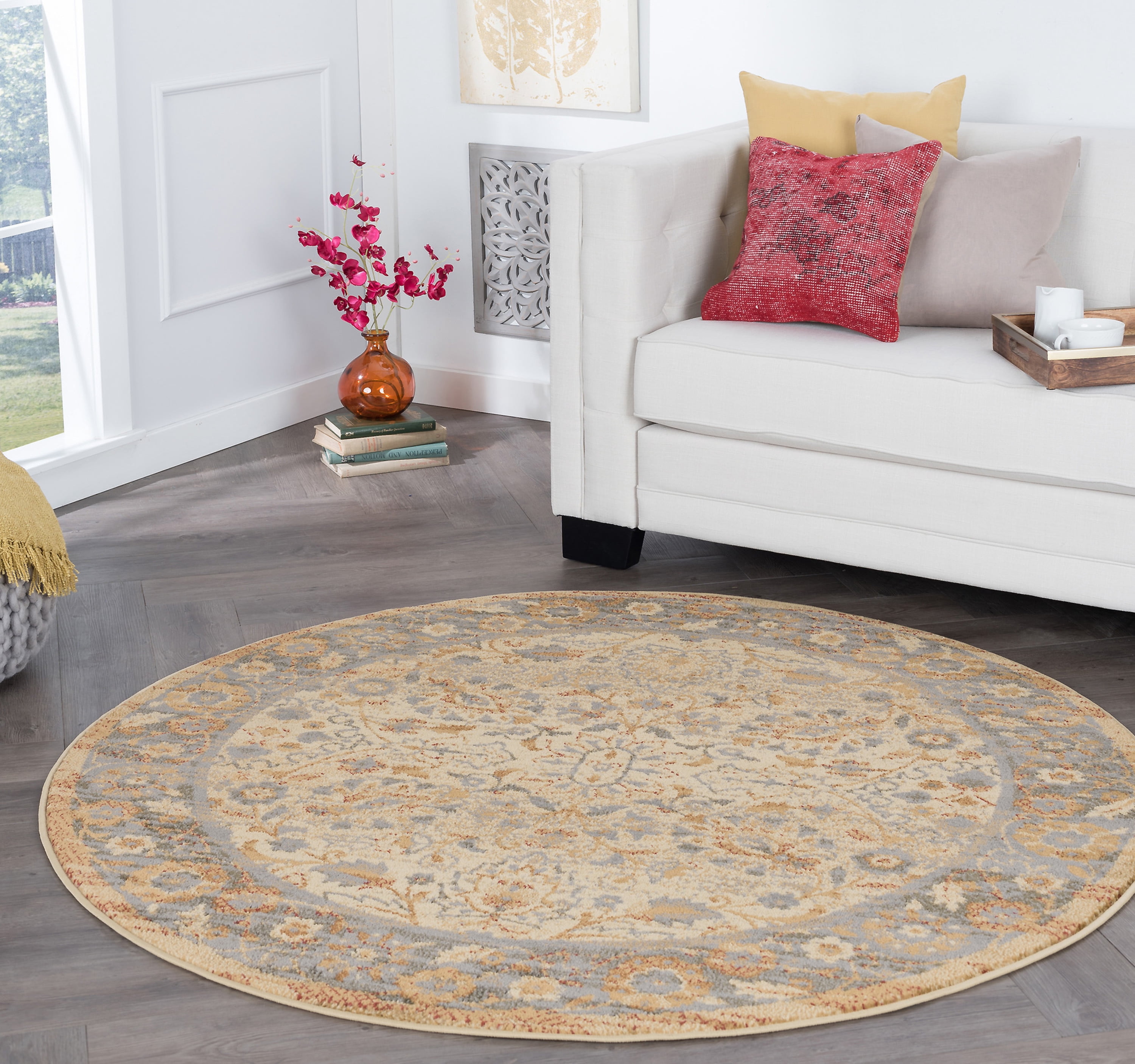 Traditional Area Rug (5'3'' Round) Oriental Ivory, Gold Indoor Round Easy to Clean