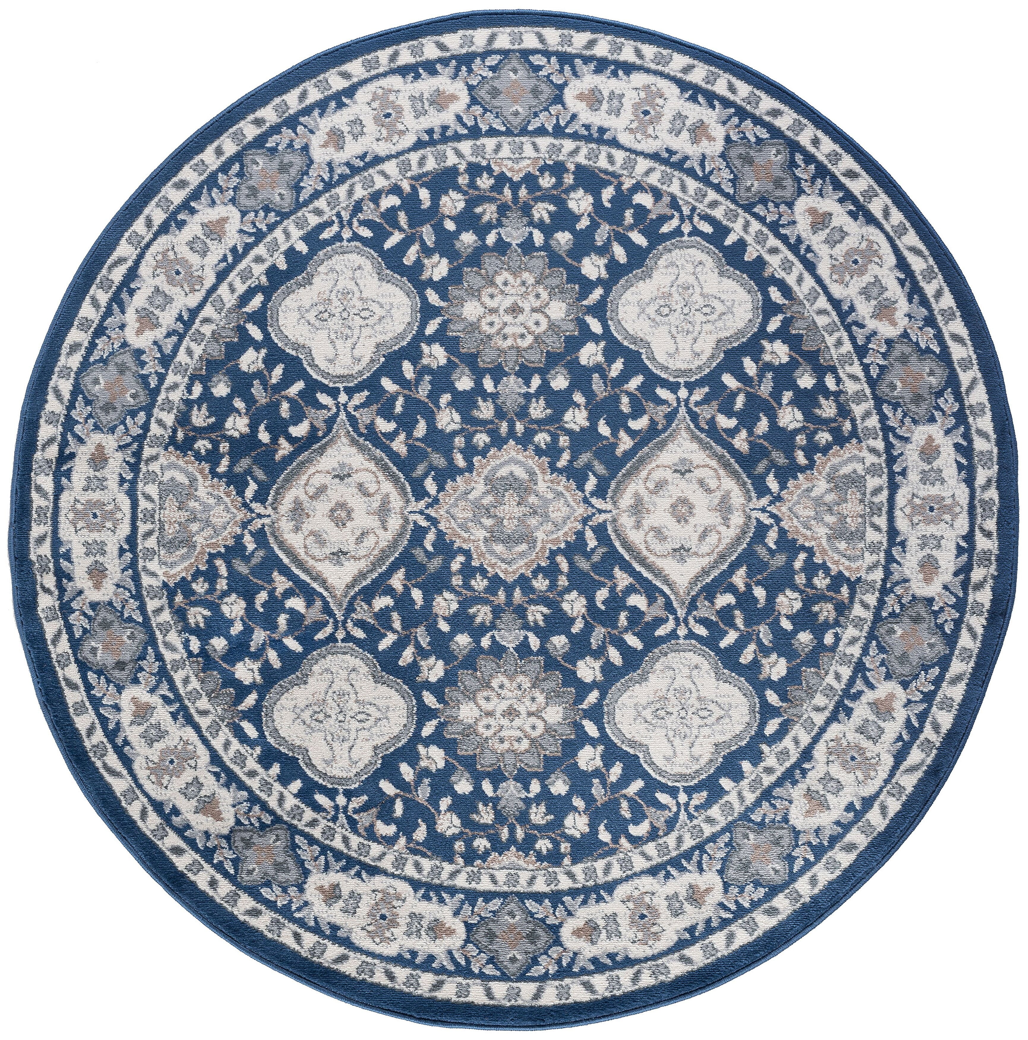 Traditional Area Rug (5'3'' Round) Oriental Navy, Cream Indoor Round Easy to Clean