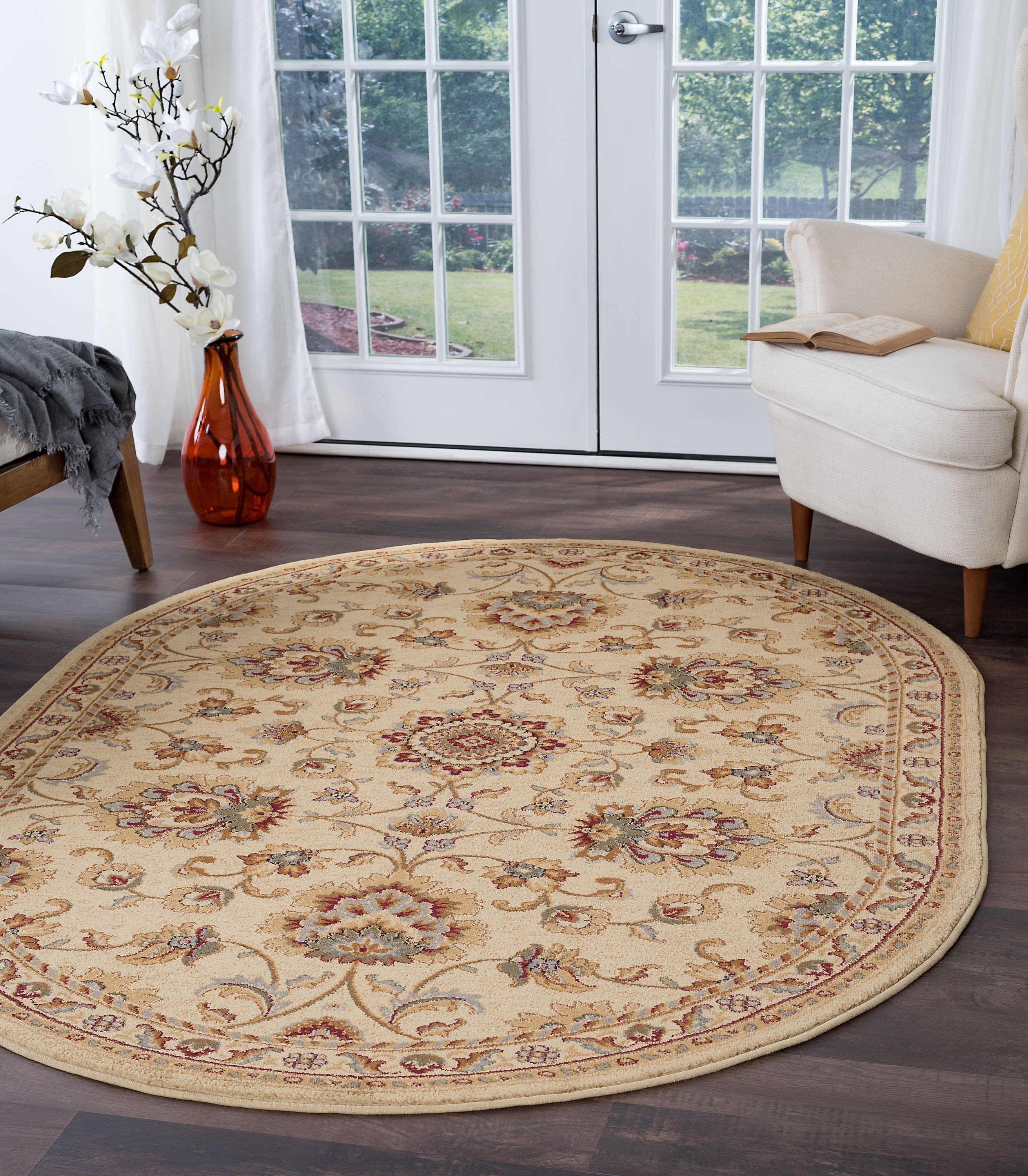 Traditional Area Rug (5'3'' x 7'3'' Oval) Border Ivory, Gold Living Room Easy to Clean