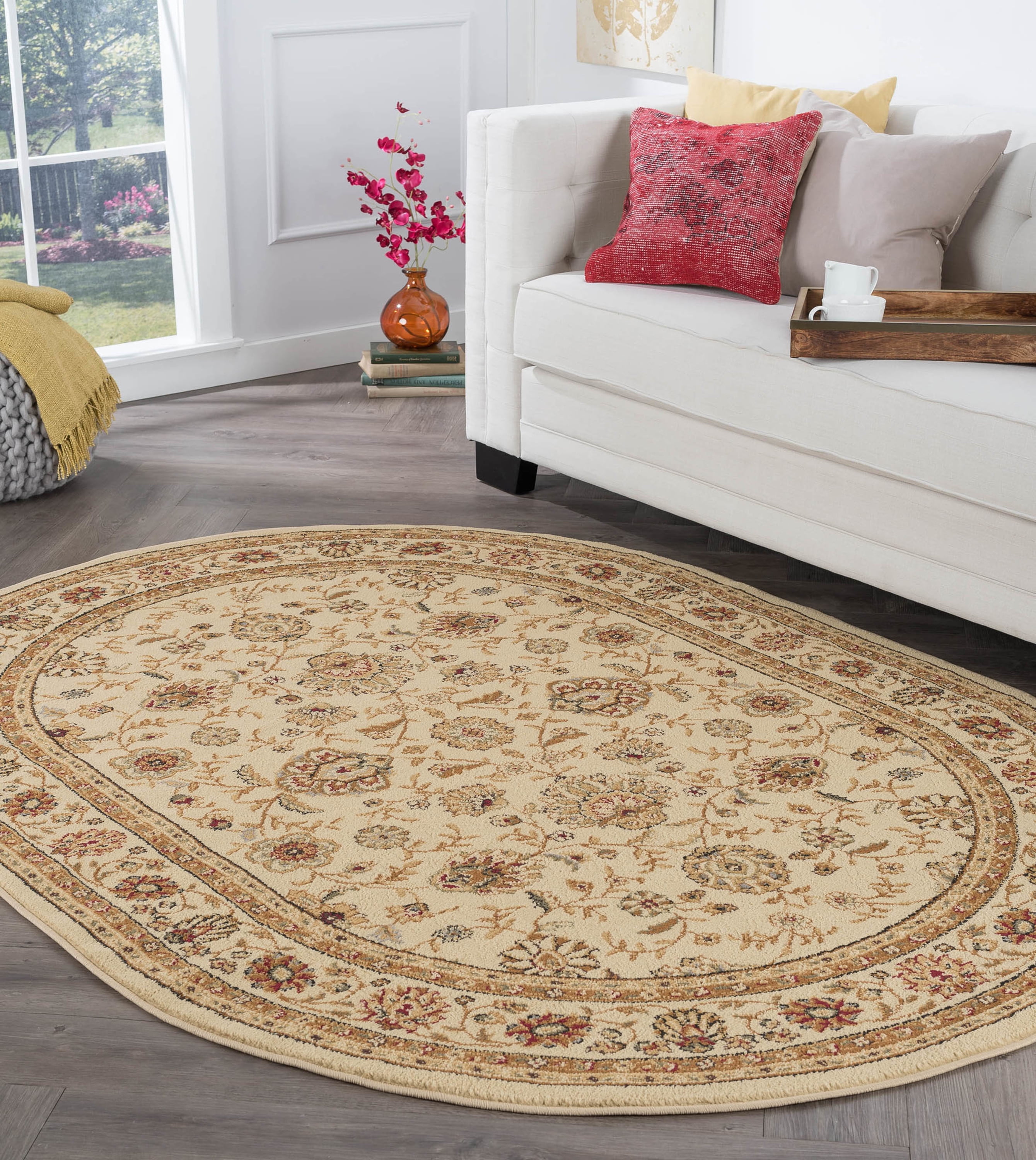 Traditional Area Rug (5'3'' x 7'3'' Oval) Floral Beige, Red Living Room Easy to Clean