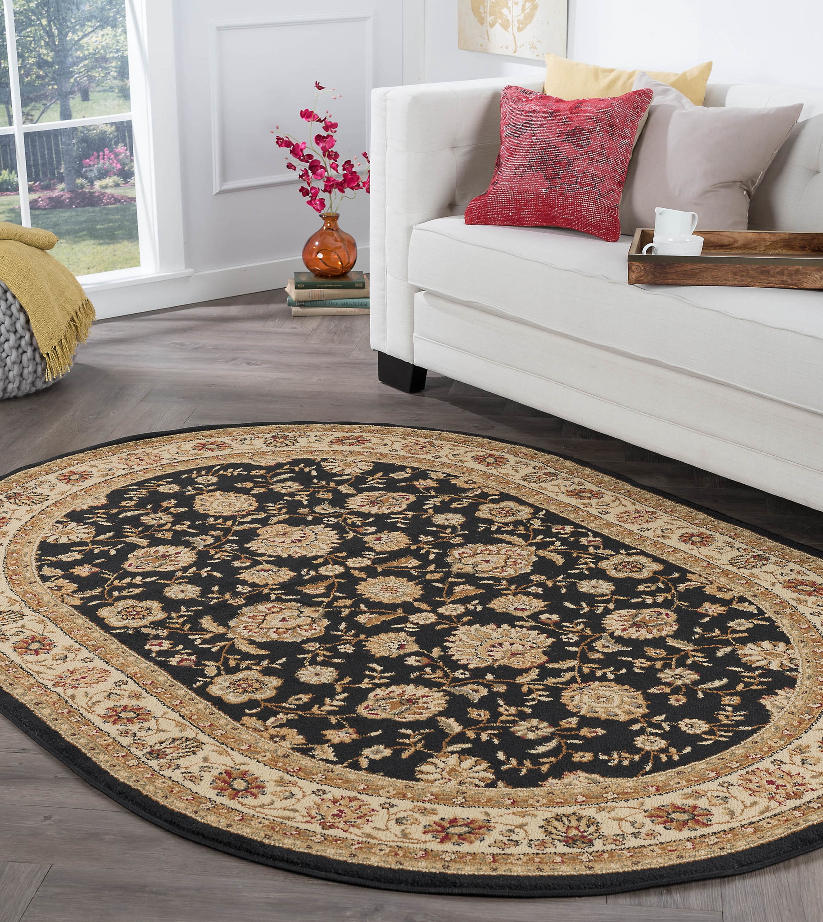 Traditional Area Rug (5'3'' x 7'3'' Oval) Floral Black, Beige Living Room Easy to Clean