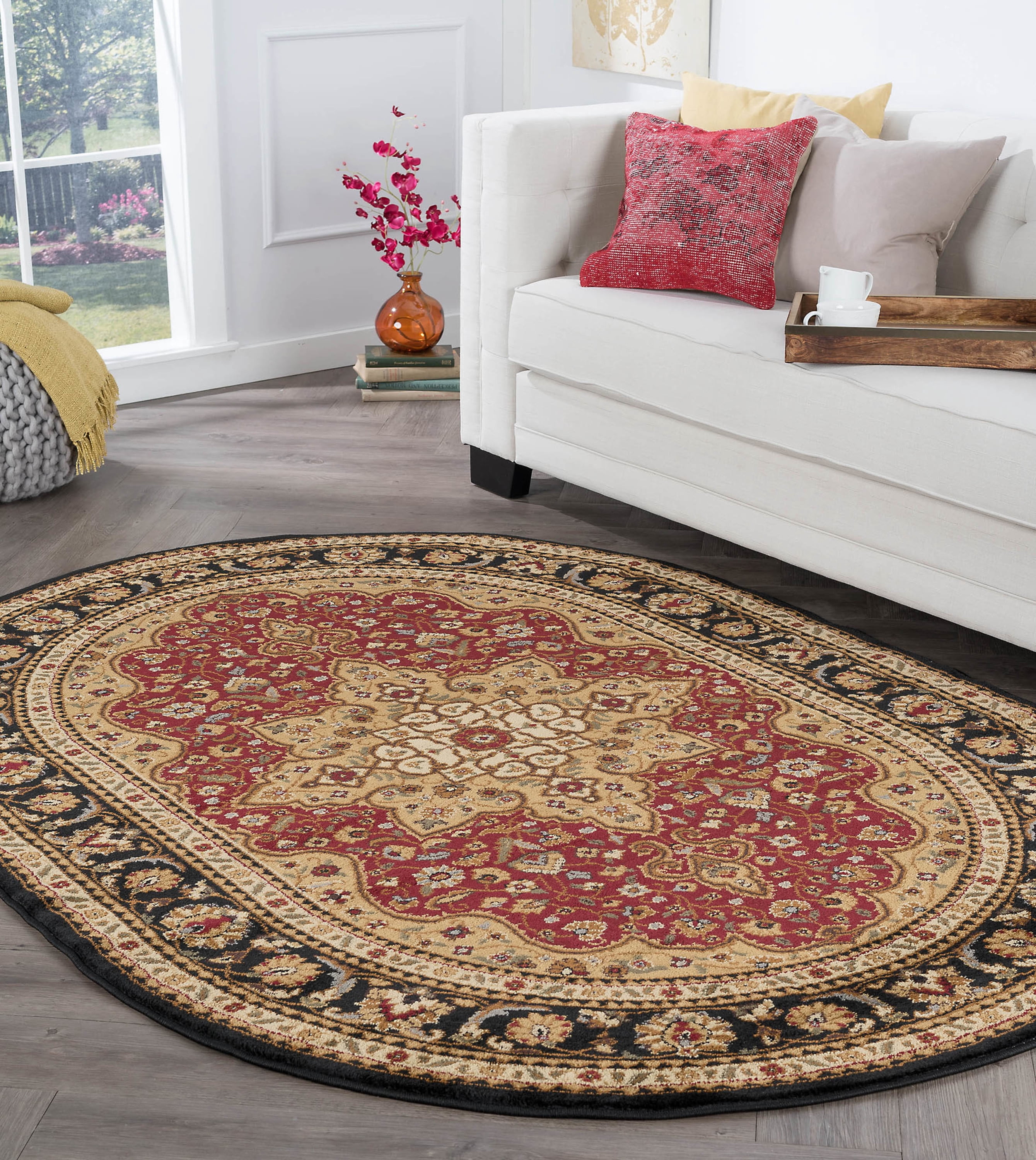 Traditional Area Rug (5'3'' x 7'3'' Oval) Oriental Red, Black Living Room Easy to Clean
